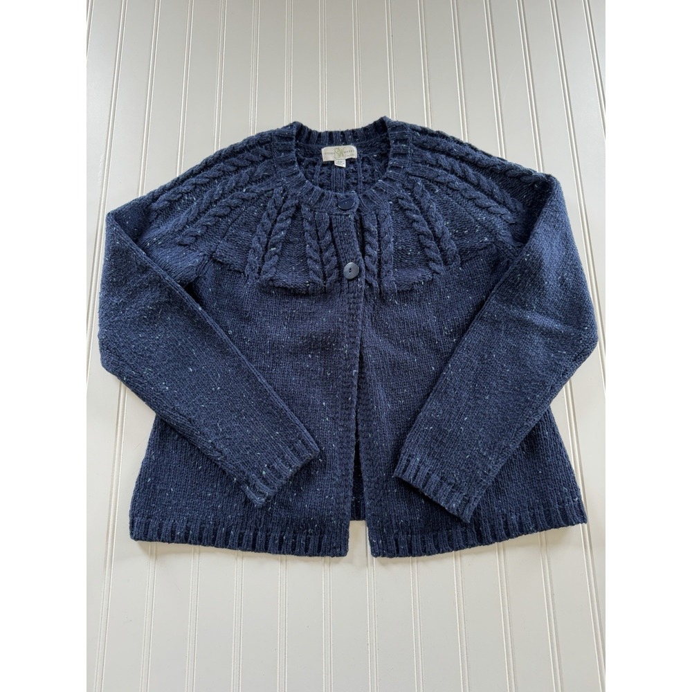 Studio Works Petite Cardigan PM Navy Cable Knit Yoke Sweater Cottagecore